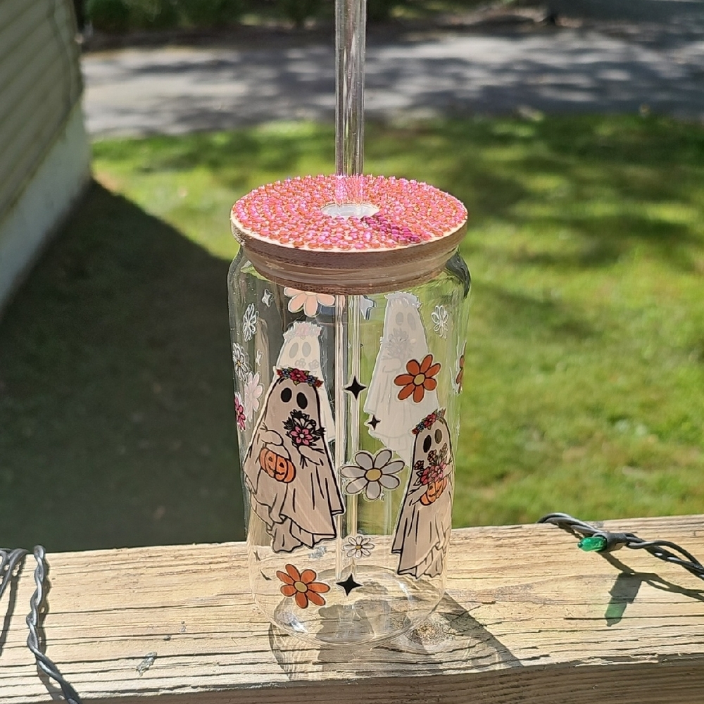 Ghost and Flower Glass Tumbler with Pink Lid - Picture 1 of 4
